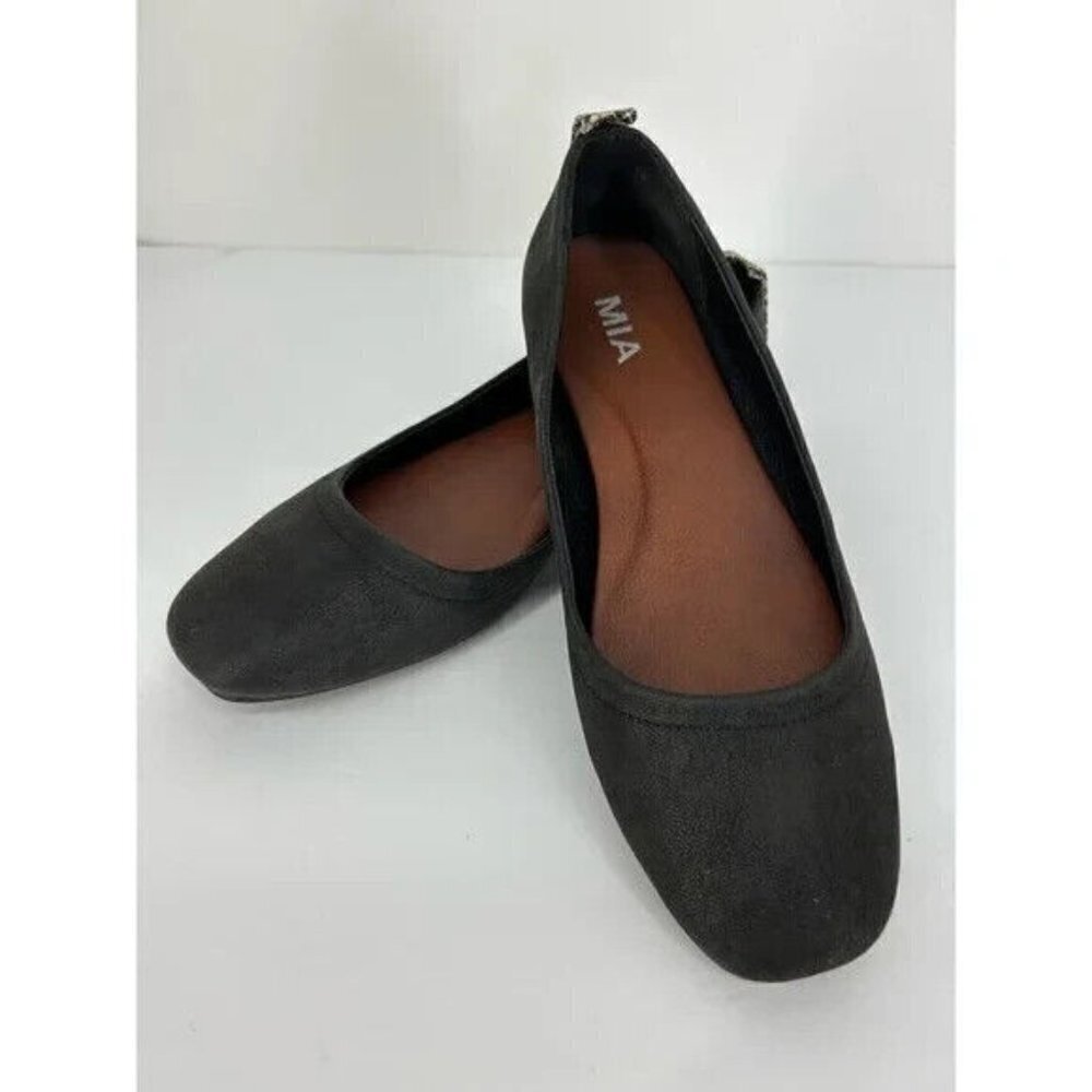 MIA BNWT black faux suede casual flats sz 6 back animal print panel